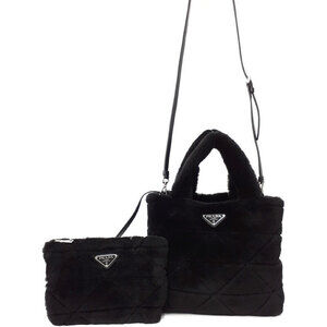 Prada Shearling Nappa Triangle Quilted Patchwork Tote black suede